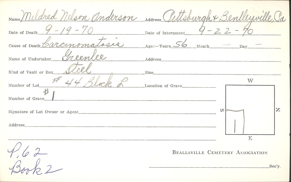 Mildred Nelson Anderson burial card